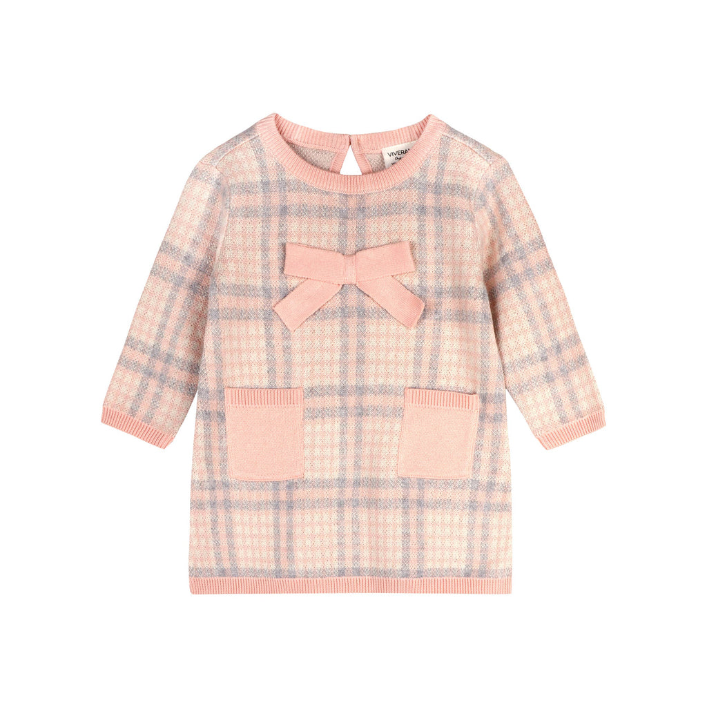 Viverano Organics - Sophie Bow Checkered Sweater Knit Baby Dress Organic Cotton || Rosewood Pink