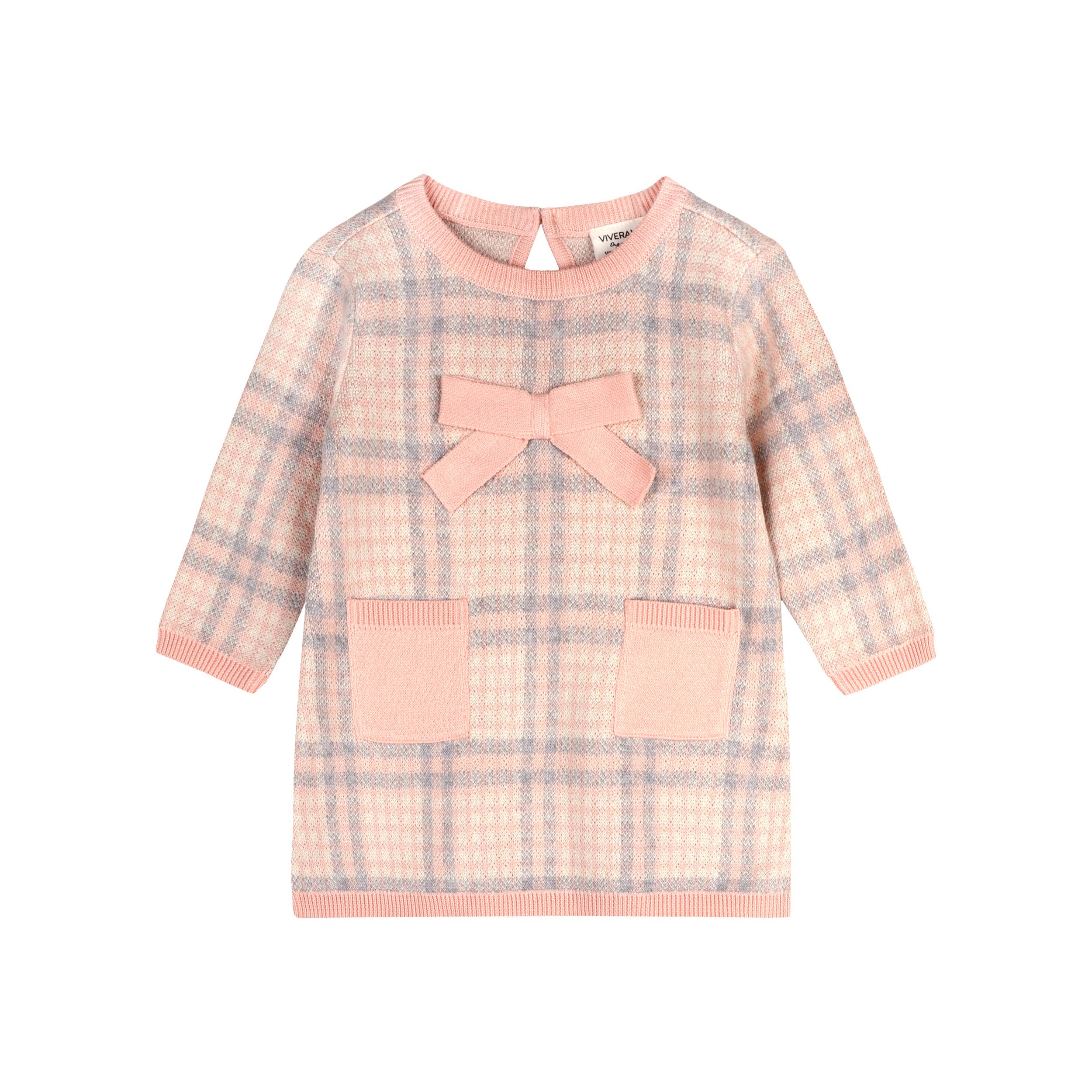 Viverano Organics - Sophie Bow Checkered Sweater Knit Baby Dress Organic Cotton || Rosewood Pink