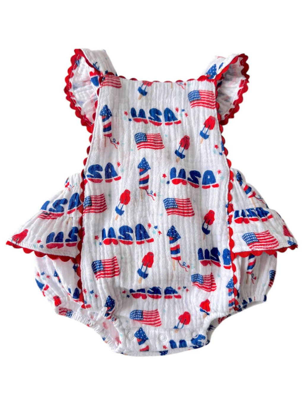 SpearmintLOVE - Muslin Ric-Rac Ruffle Sunsuit || 4th of July