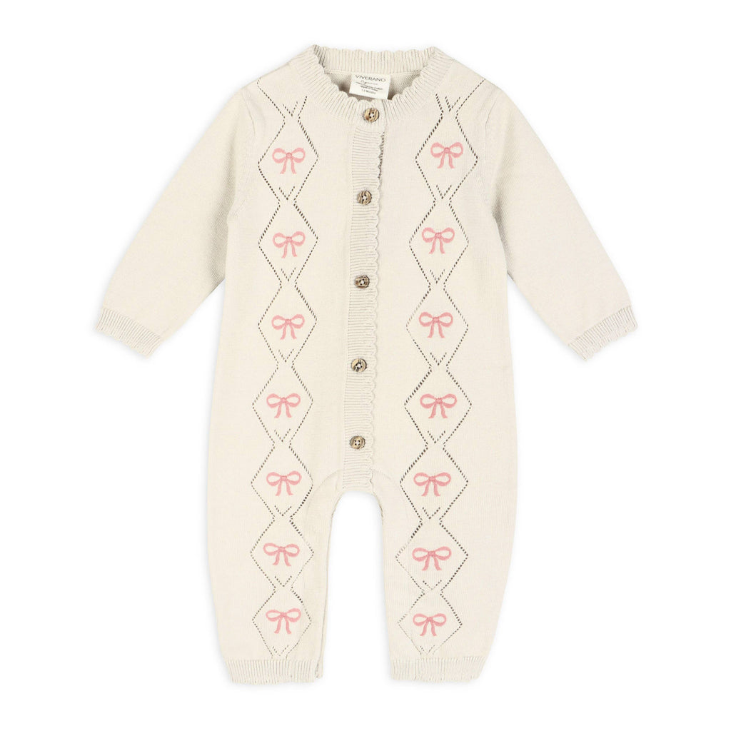 Viverano Organics - Evie Bow Pointelle Knit Baby Jumpsuit || Ecru