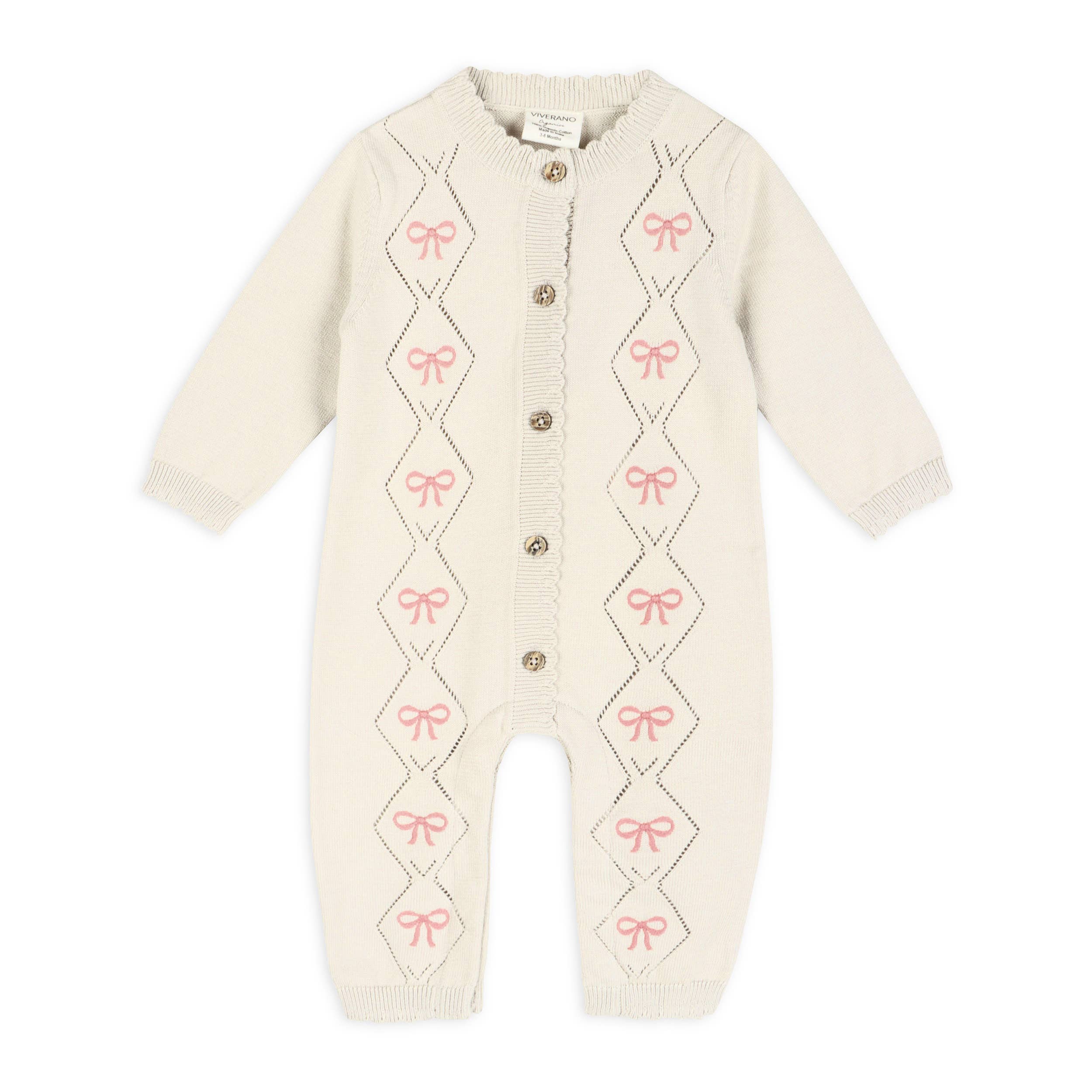 Viverano Organics - Evie Bow Pointelle Knit Baby Jumpsuit || Ecru