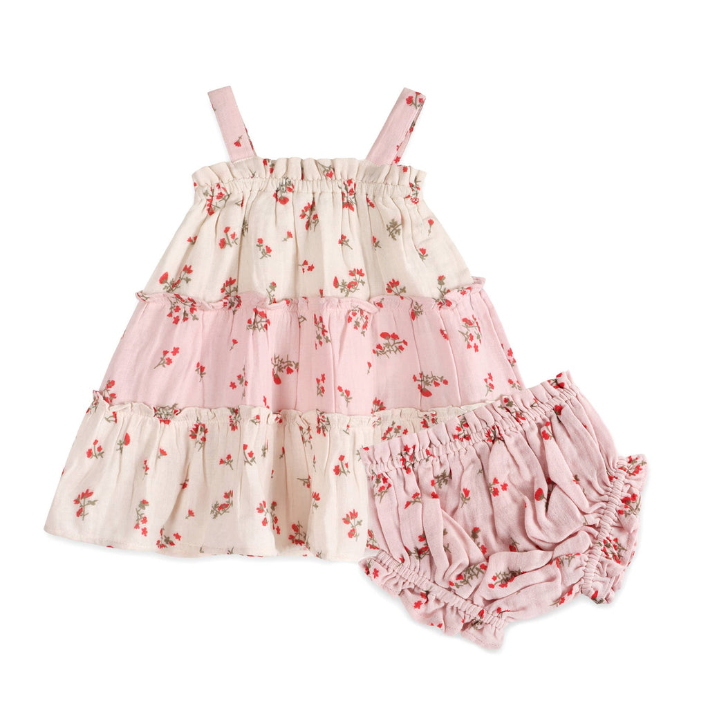Viverano Organics - Bijou Tiered Floral Baby Dress + Bloomer || Tea Rose