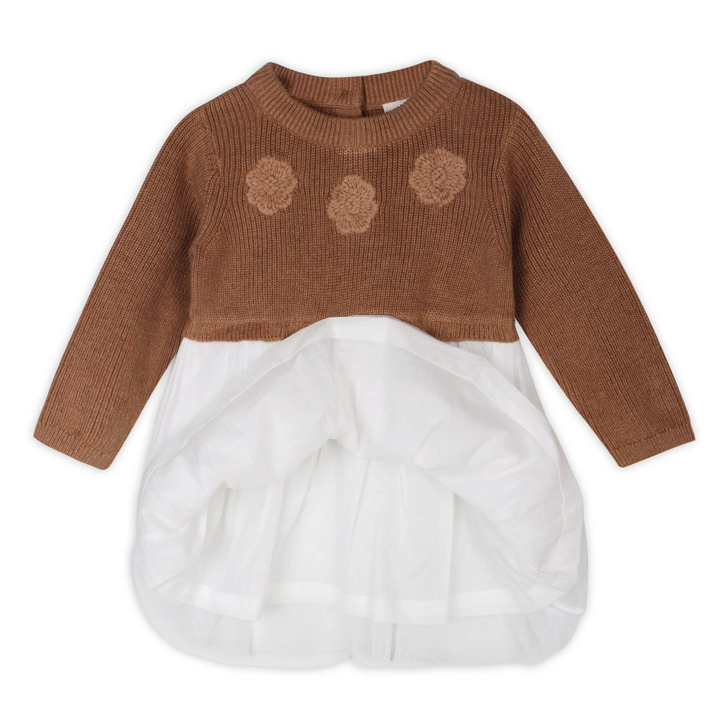 Viverano Organics - Floral Embroidered Sweater Knit Tutu Baby Dress || Natural