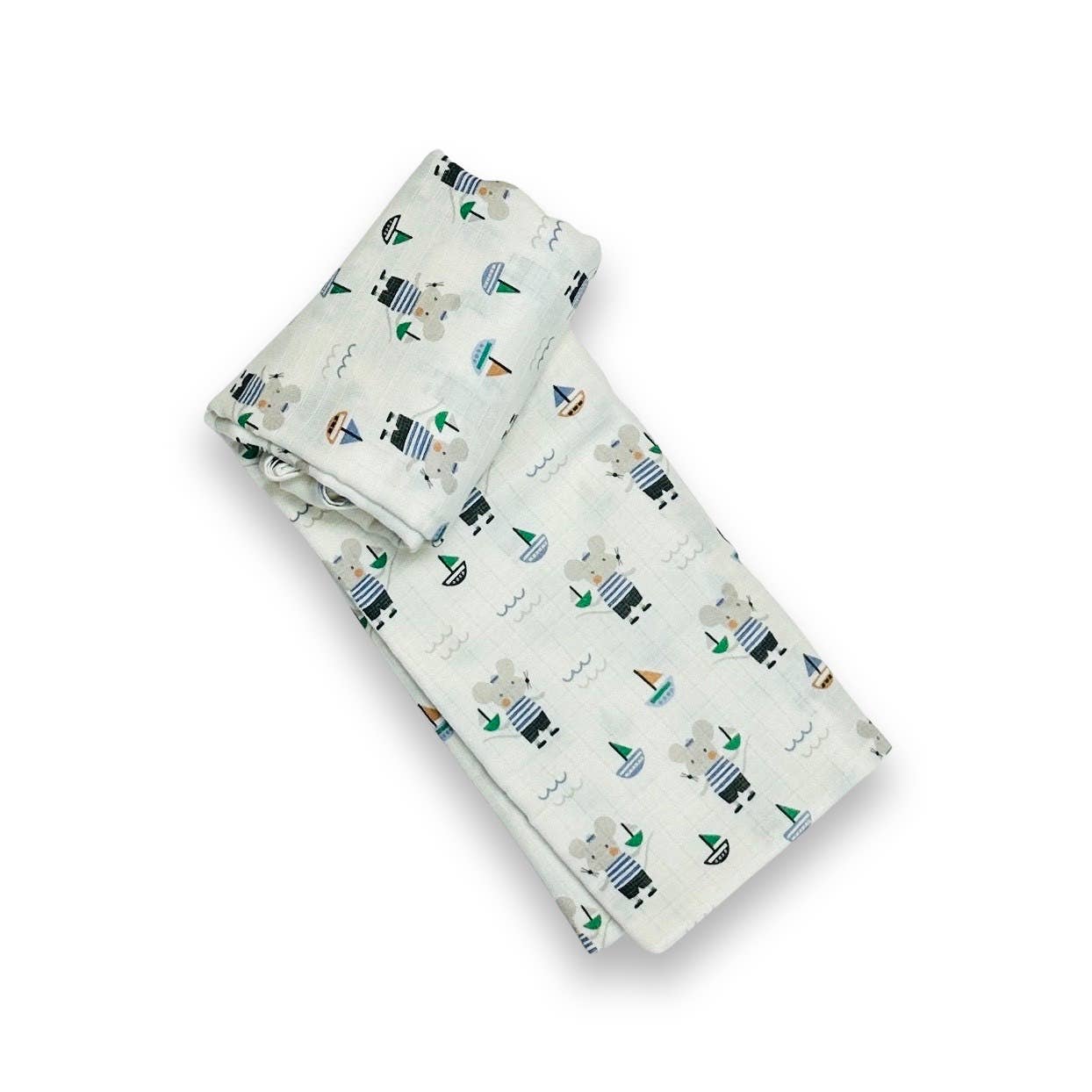 Viverano Organics - Mouse Sailor Muslin Swaddle Baby Blanket (Organic Cotton): OS, Soft White