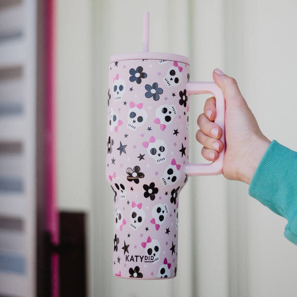 Katydid - Tumbler w/ Handle || Skull & Flower