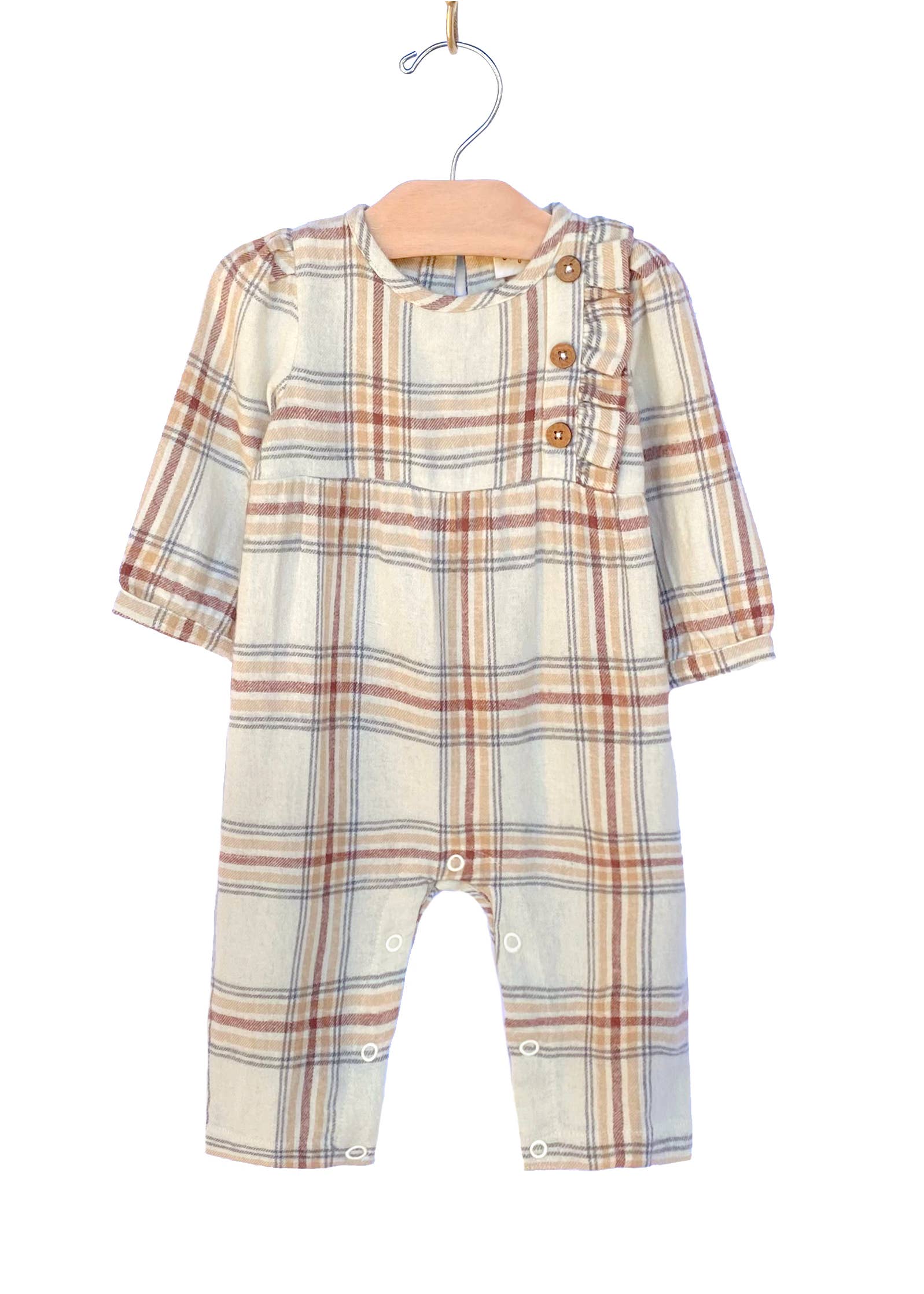 City Mouse Studio - Flannel Side Button Romper- Light Taupe