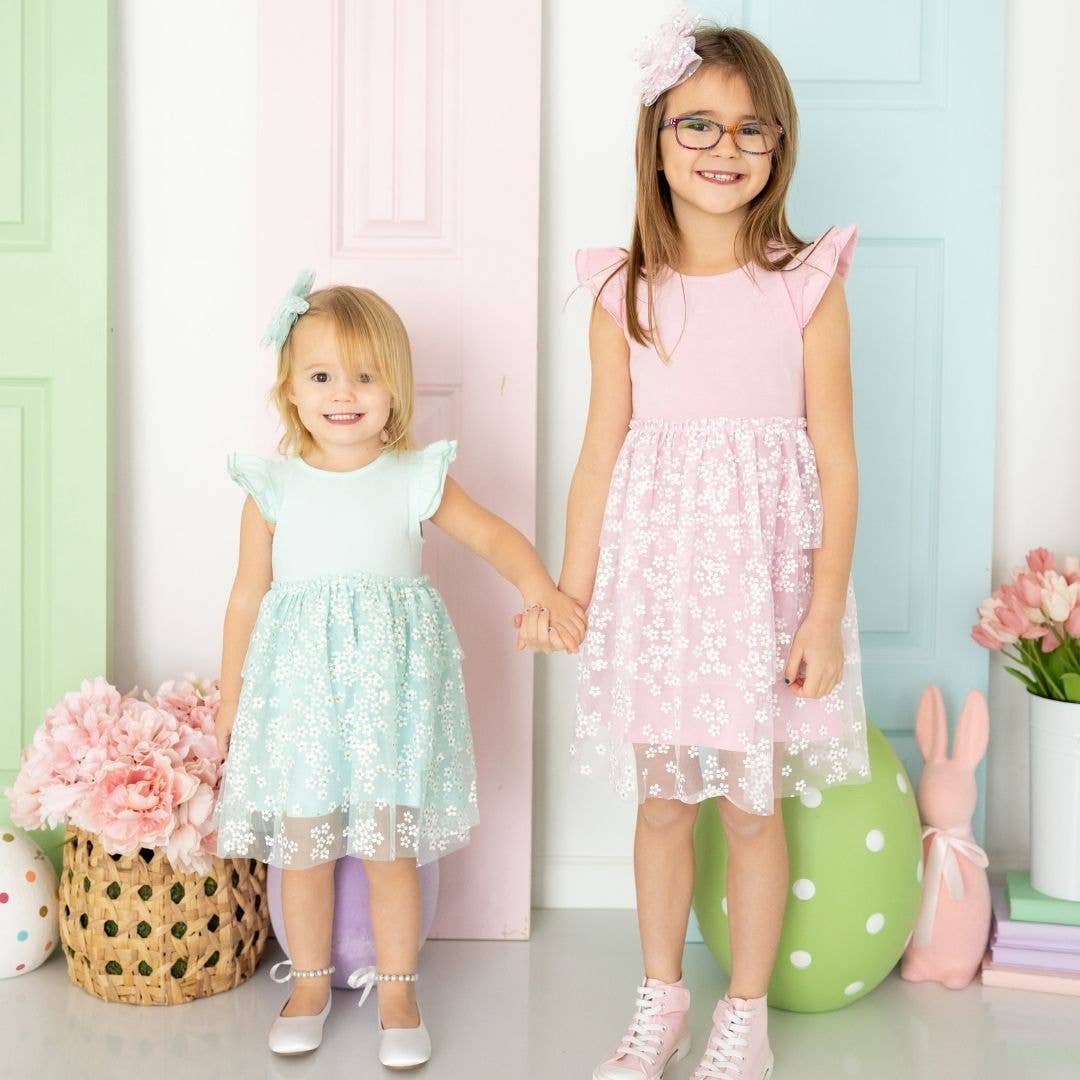 Sweet Wink - Aqua Ditsy Daisy Easter Tiered Short Sleeve Tutu Dress