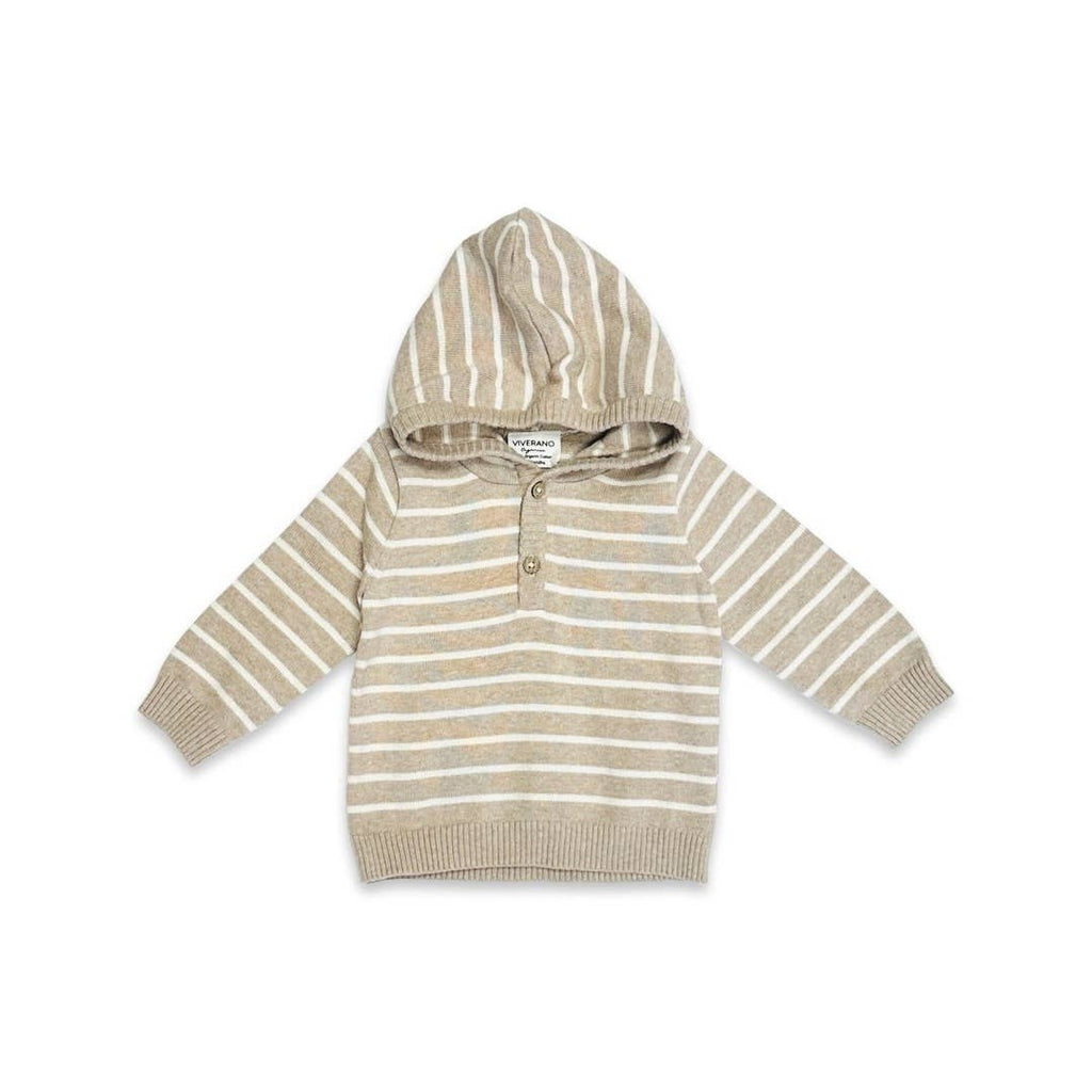 Viverano Organics - Oat Heather - Stripe Hooded Baby Knit Pullover (Organic): Oat Heather, 12-18M