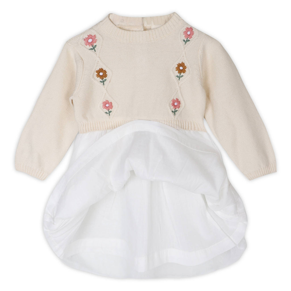 Viverano Organics - Floral Embroidered Sweater Knit Tutu Baby Dress || Natural