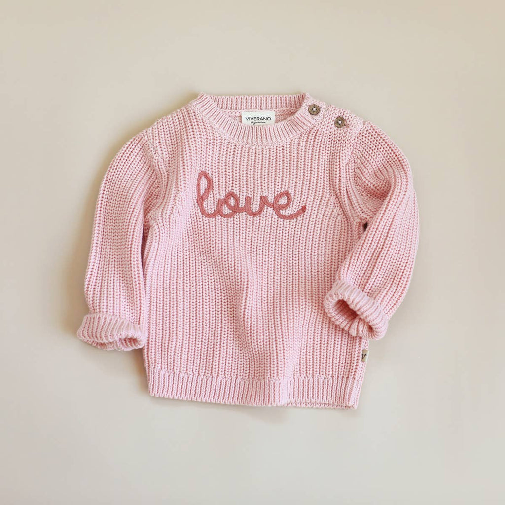 Viverano Organics - Love Embroidered Chunky Knit Baby Sweater || Blush Pink