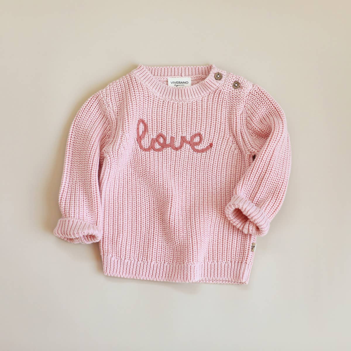 Viverano Organics - Love Embroidered Chunky Knit Baby Sweater || Blush Pink