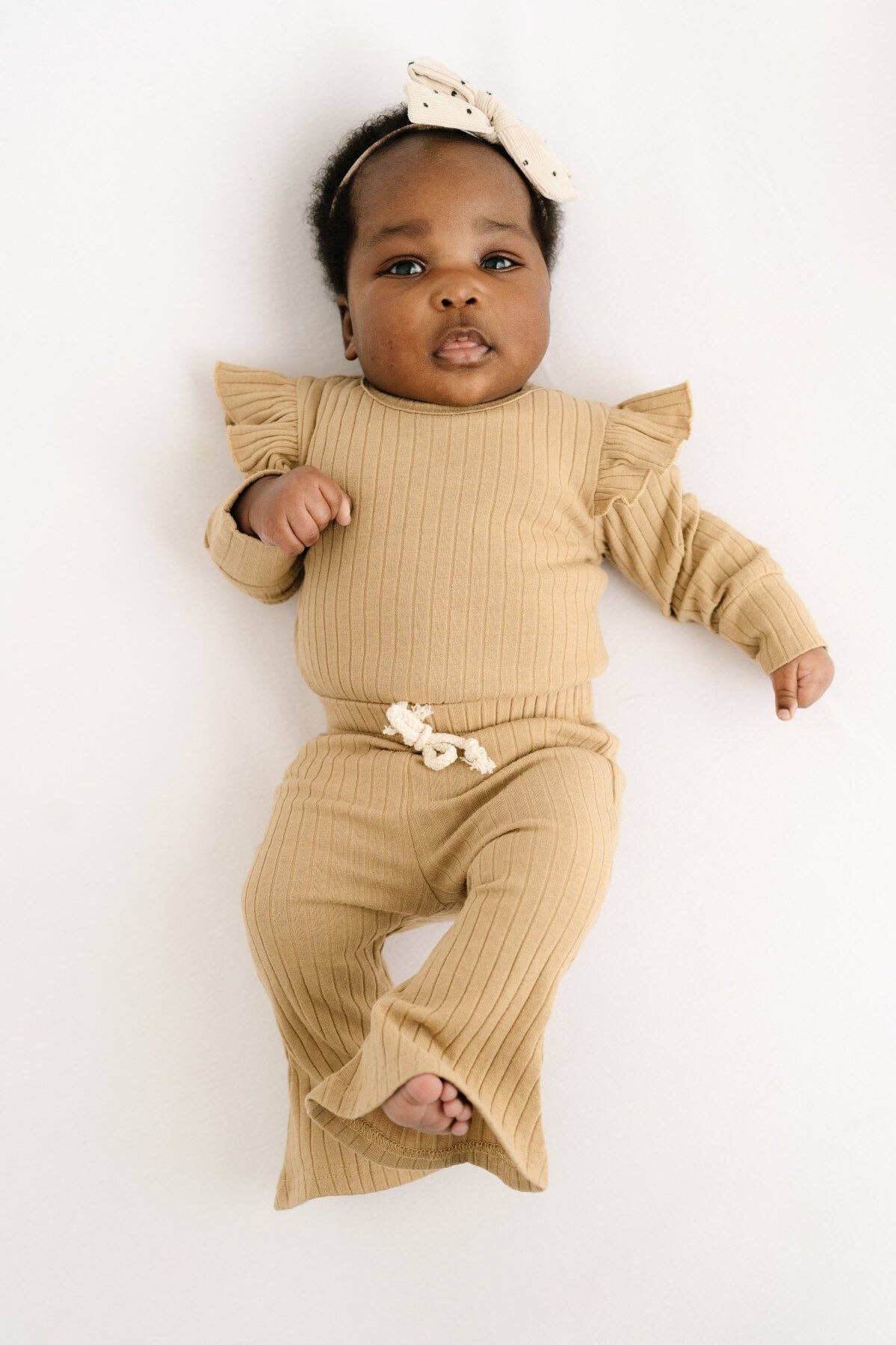 Little One Shop - Camel Ribbed Flutter Bodysuit Set