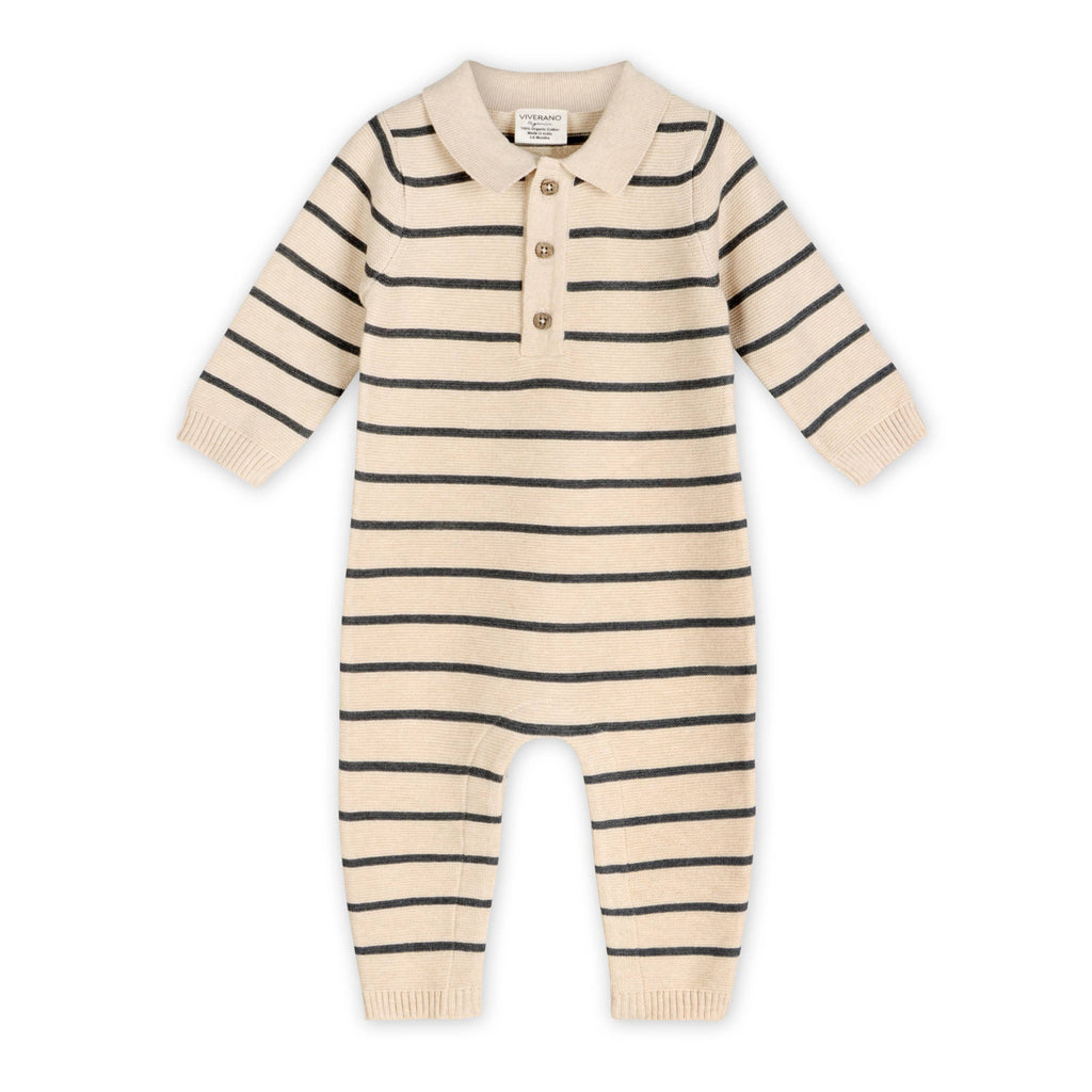 Viverano Organics - Stripe & Collar Knit Jumpsuit || Oatmeal