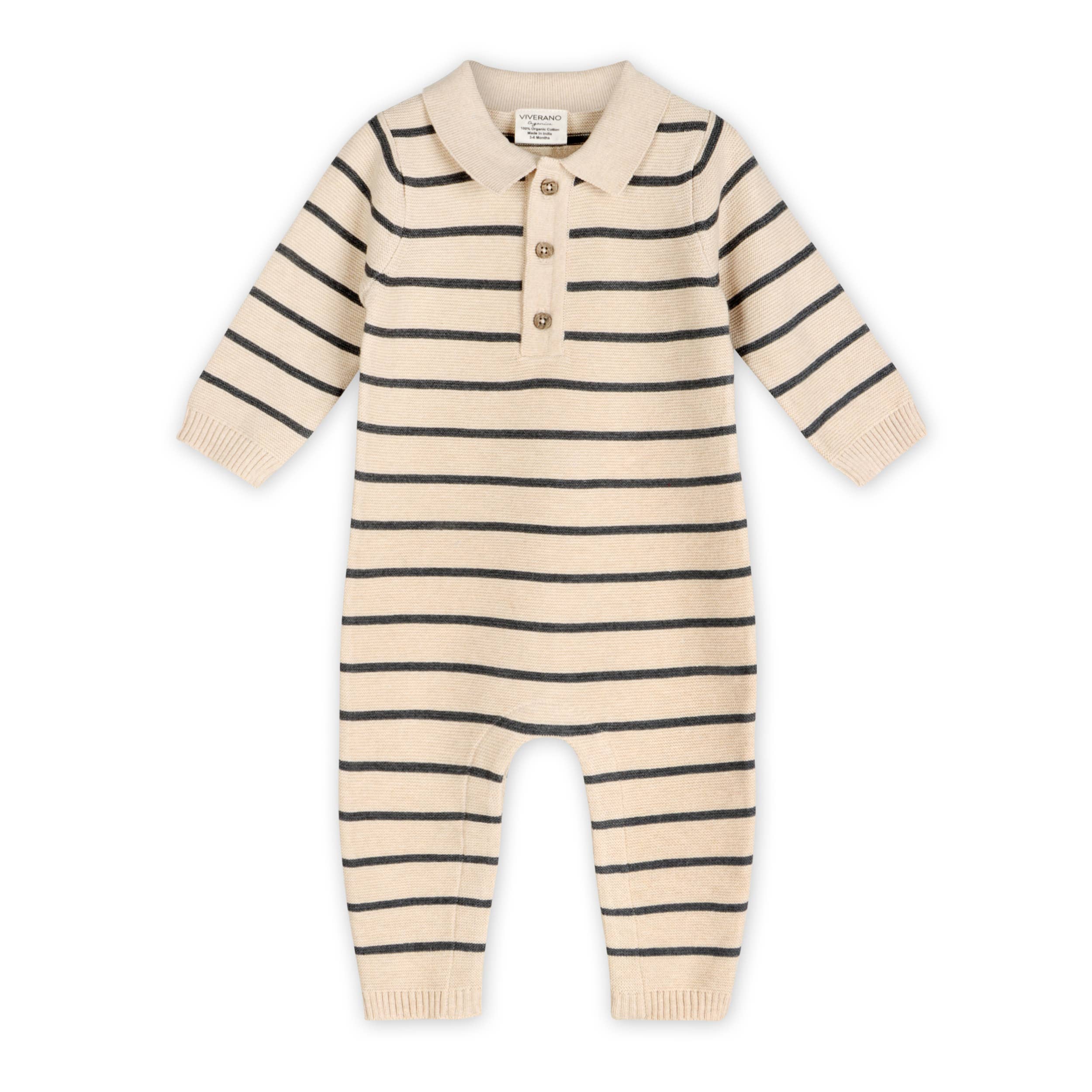 Viverano Organics - Stripe & Collar Knit Jumpsuit || Oatmeal